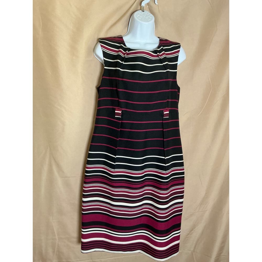 Shelby Palmer Sheath Dress Womens 12 Black Burgundy Striped Sleeveless Excellent